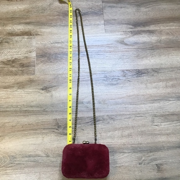 FAUX Fur Purse Cross Body Brass Chain Metal Box Frame Burgundy Red - Picture 9 of 11